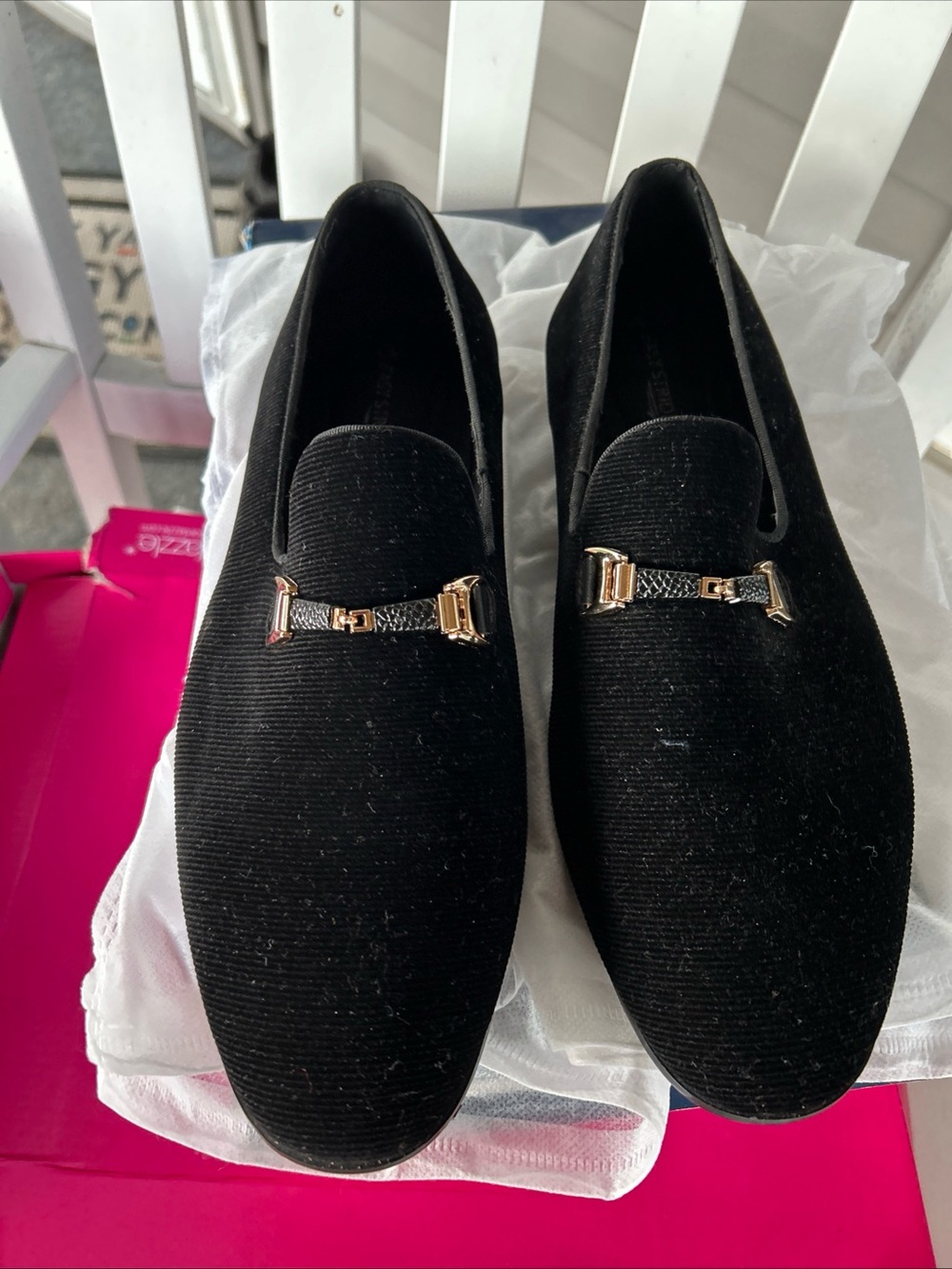 Easy Strider Black Velvet Slip-On Loafers with Gold Bit Detail - Womens